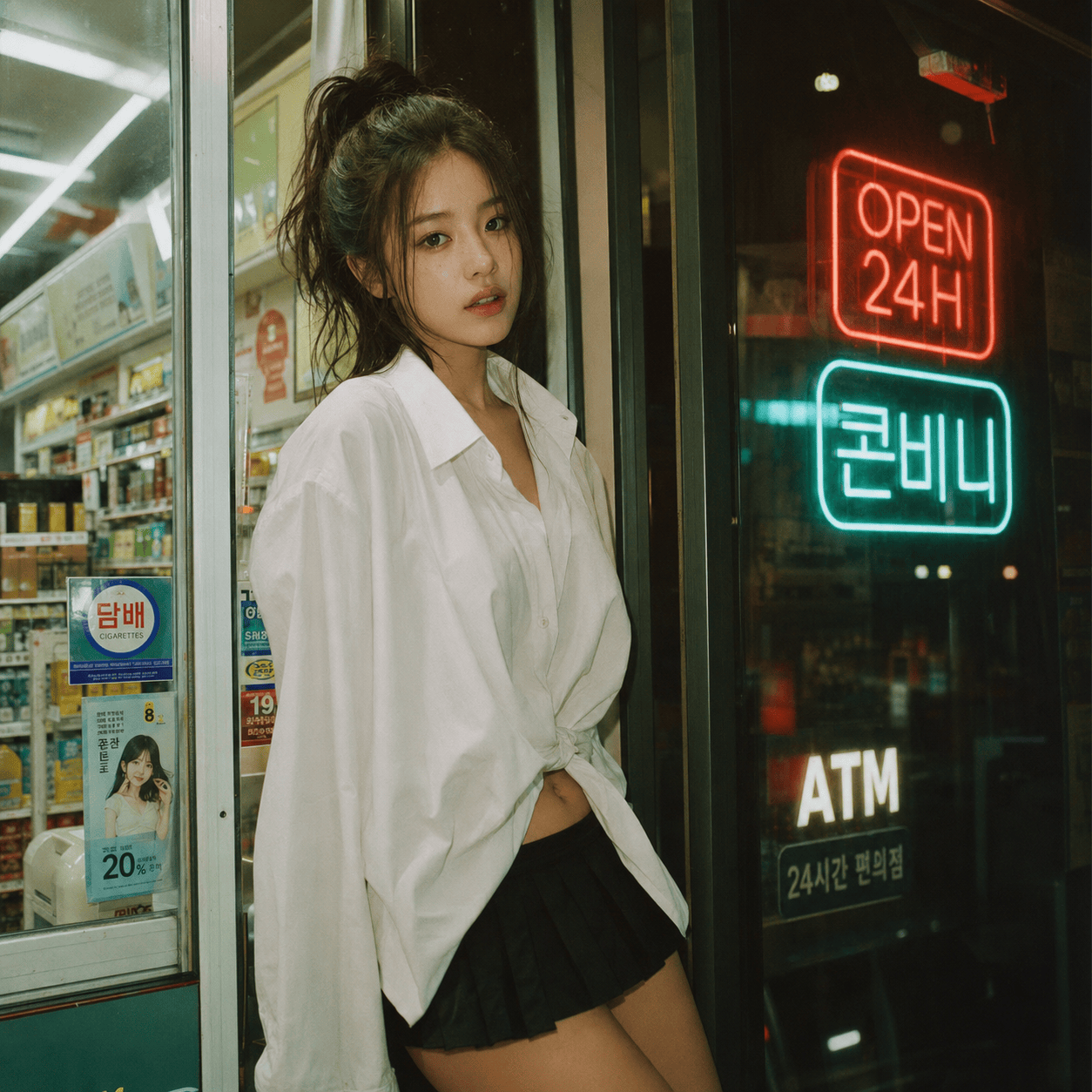 35mm film convenience store neon portrait
