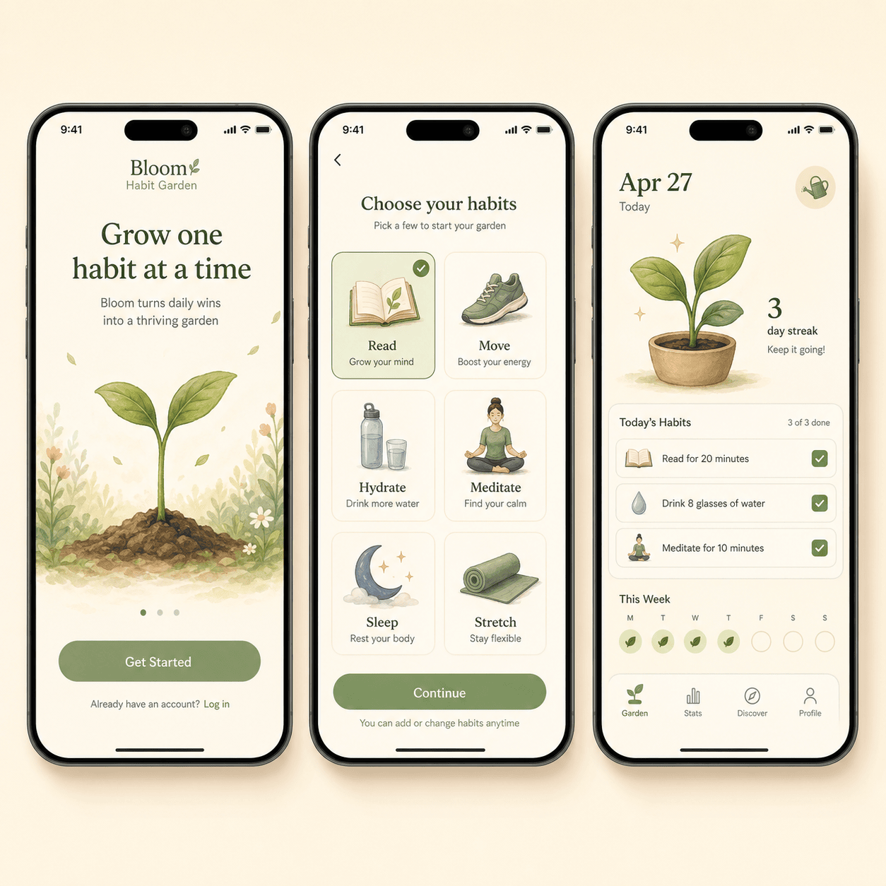 three-screen mobile app UI mockup