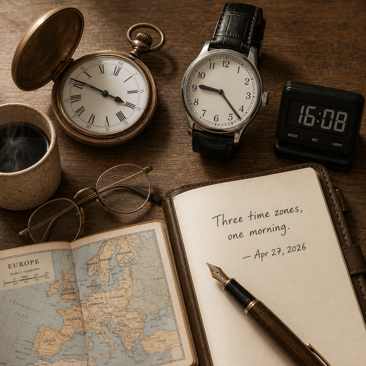 three timepieces still life