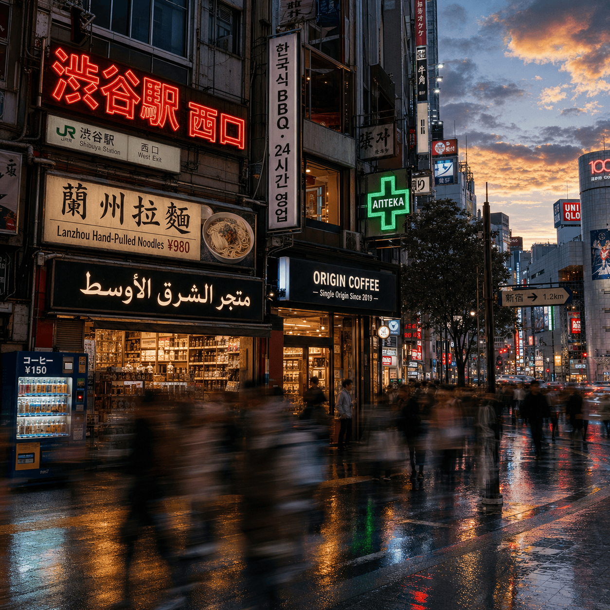 Multilingual signage rendered natively — Tokyo street, six scripts, no edits